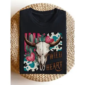 Wild West Cow Skull & Cactus Graphic T-Shirt - Southwestern Desert Design with "WILD HEART" Text, Vibrant Colors, Machine Washable Casual Tee for Summer Festivals & Outdoor,  Statement Shirt, Festival Goers Tops Womenswear Tshirt Streetwear