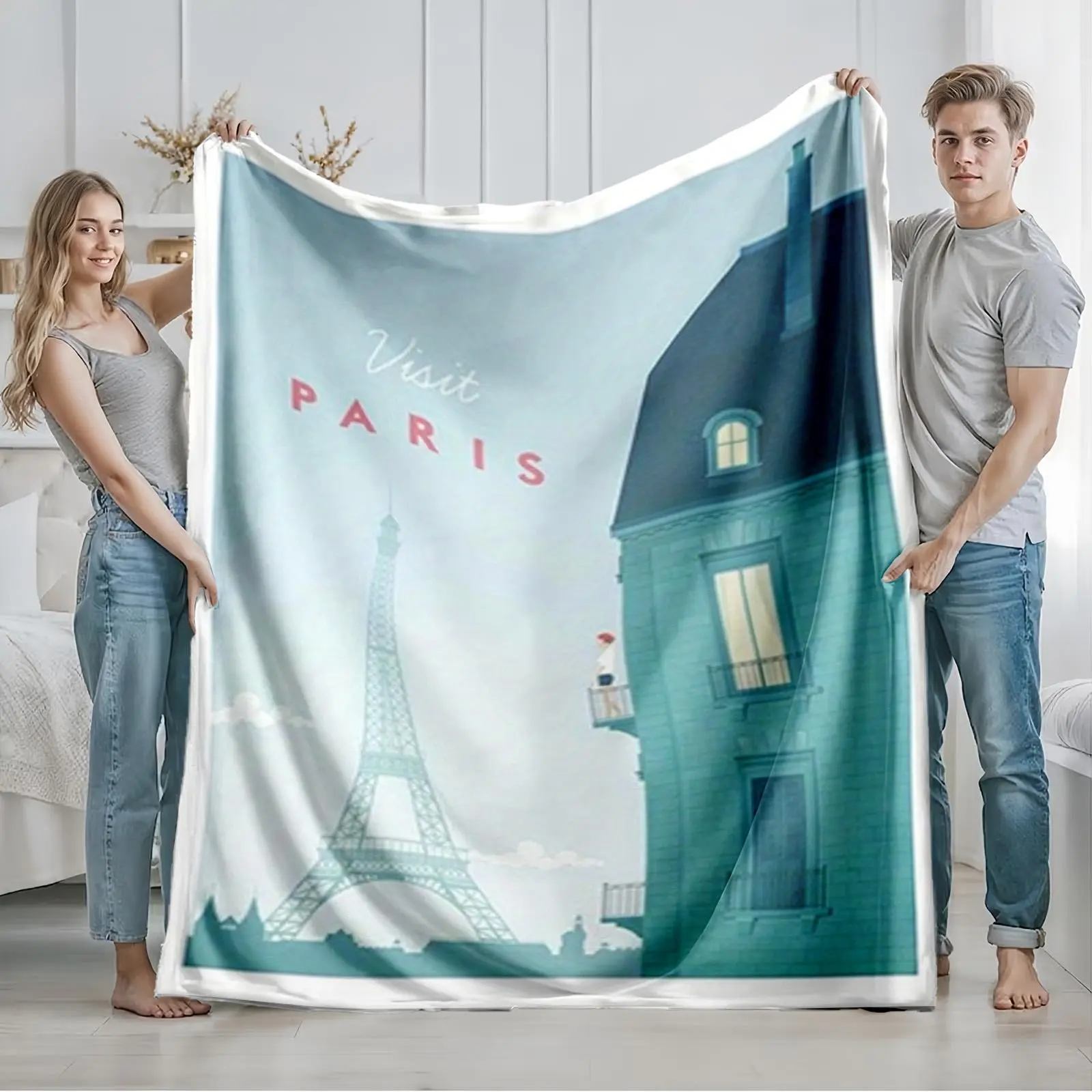 1 piece Eiffel Tower in Paris and cityscape themed flannel blanket - Super soft flannel blanket, suitable for beds and sofas, all-season use, modern design, digitally printed pattern, 100% polyester material, machine washable, suitable for travel