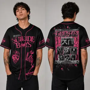 Suici.boy Grey Day Tour Baseball Jersey | Black & Pink Graphic Button Down Shirt | G59 Streetwear Band Merch