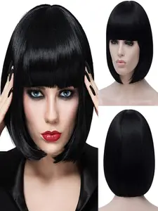 12inch Black Bob Wig - Short Black Straight Bob Wigs with Bangs for Women, Cute Synthetic Hair Wig for Cosplay, Daily, Synthetic Material Wigs, Sleek Bob Wig