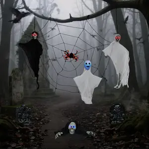 8-Piece Halloween Inflatable Decoration Set with LED Light-Up Eyes, 5.9ft Giant Cobweb, Outdoor/Indoor Decor for Yard, Haunted House, Party, Durable Reusable Halloween Decorations for Home, Garden Props Ornaments