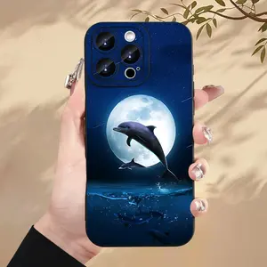 A Moon Dolphin Ocean Pattern Phone Case, TPU Shockproof Full Protection Case, Suitable for iPhone 17/16/15/14/13/12/11 PRO MAX PLUS AIR E XS and PROMAX MINI, Ideal Gift for Friends and Family, MS2149