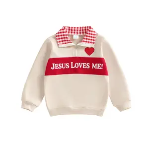 Infant Toddler Baby Boys Girls Spring Sweatshirt Long Sleeve Plaid Lapel Quarter Zip Pullover Letter Print Heart Embroidery Tops 2026 Autumn