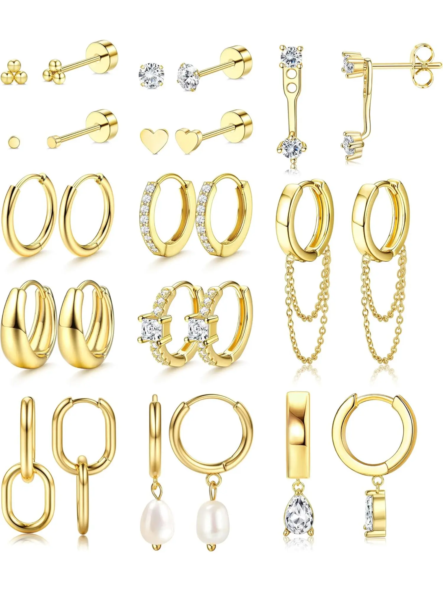 13Pairs Gold Earrings Stacks Earring Stacking Set Stackable Earrings for Women Dainty Huggie Hoop Earrings Hypoallergenic 14k Gold Plated Flat Back Stud Cartilage Earring Sets for Multiple Piercing Pack Stud Earrings Jewelry