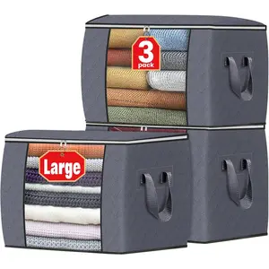 24 Gallons Clothes Storage, Foldable Thick ric Blanket Storage Bags, Containers for Organizing Bedroom, Closet, Clothing, Comforter, Organization with Handle (3 Pack,Grey)