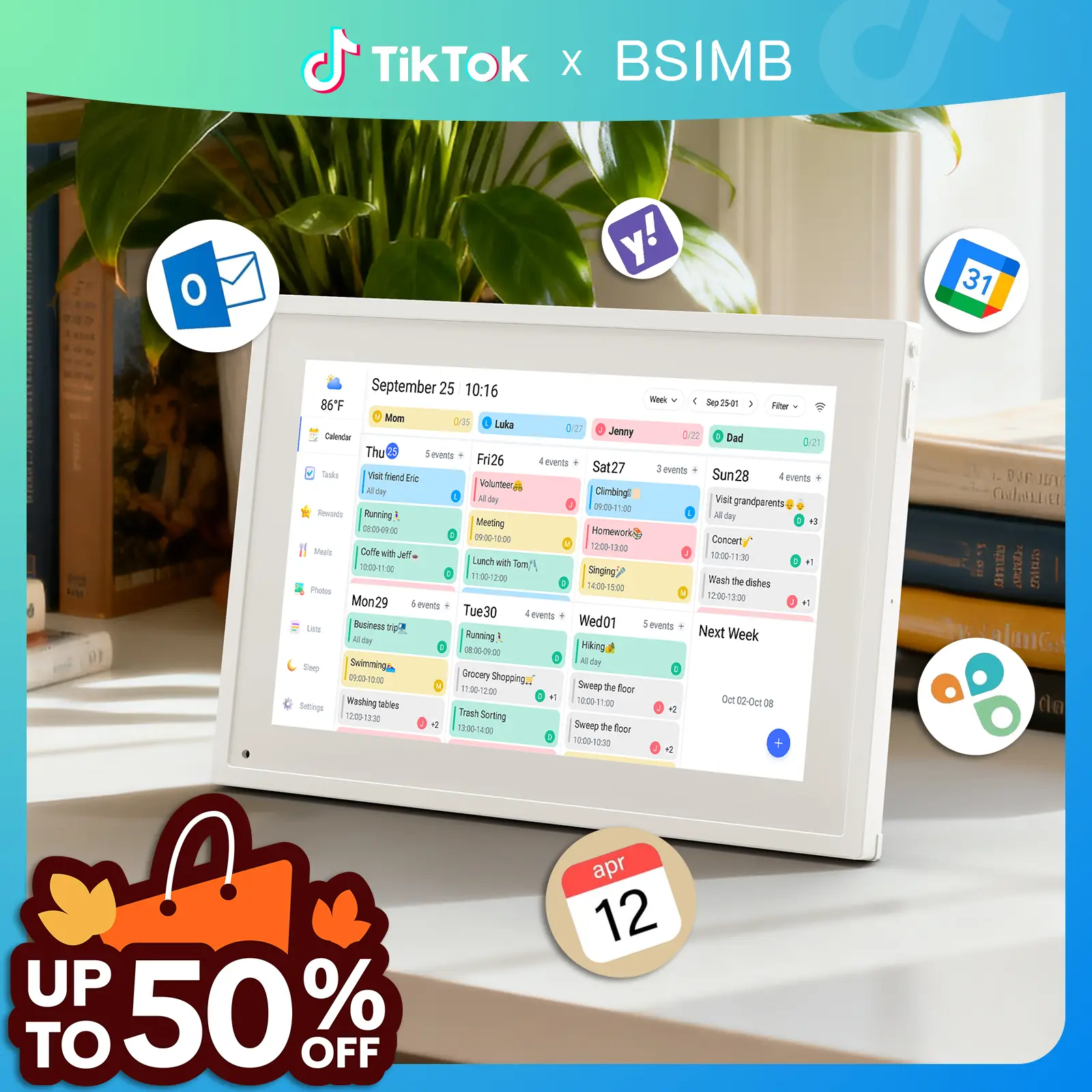 BSIMB 10.1 Inch Digital Calendar Chore Chart, Electronic Calendar Smart Family Planner 1080P FHD Touchscreen Interactive Display Wall & Desk Mount Sea