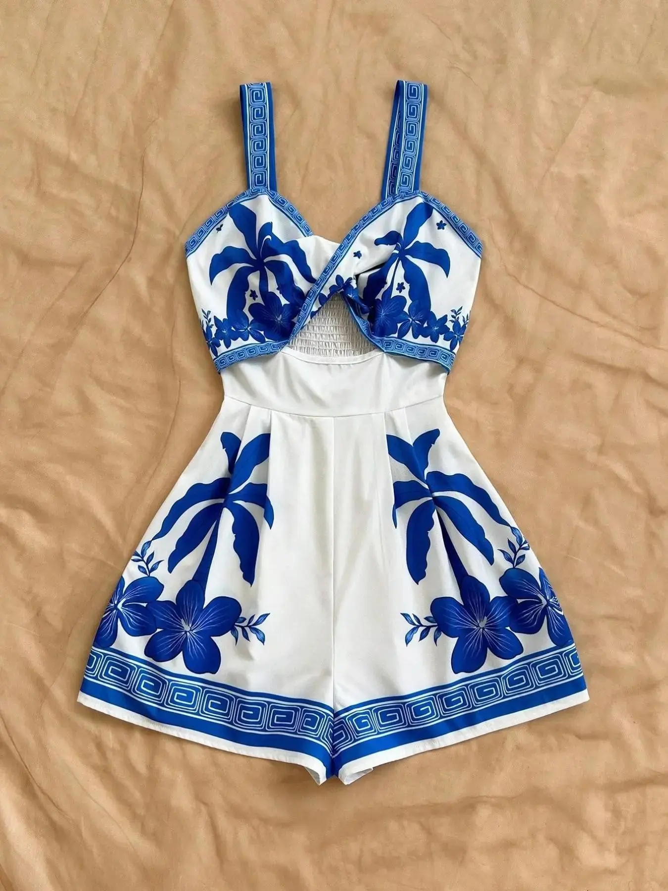 Women's Palm Tree Print Halter Sleeveless Romper Fitted Boho Beach Summer Vacation 2026