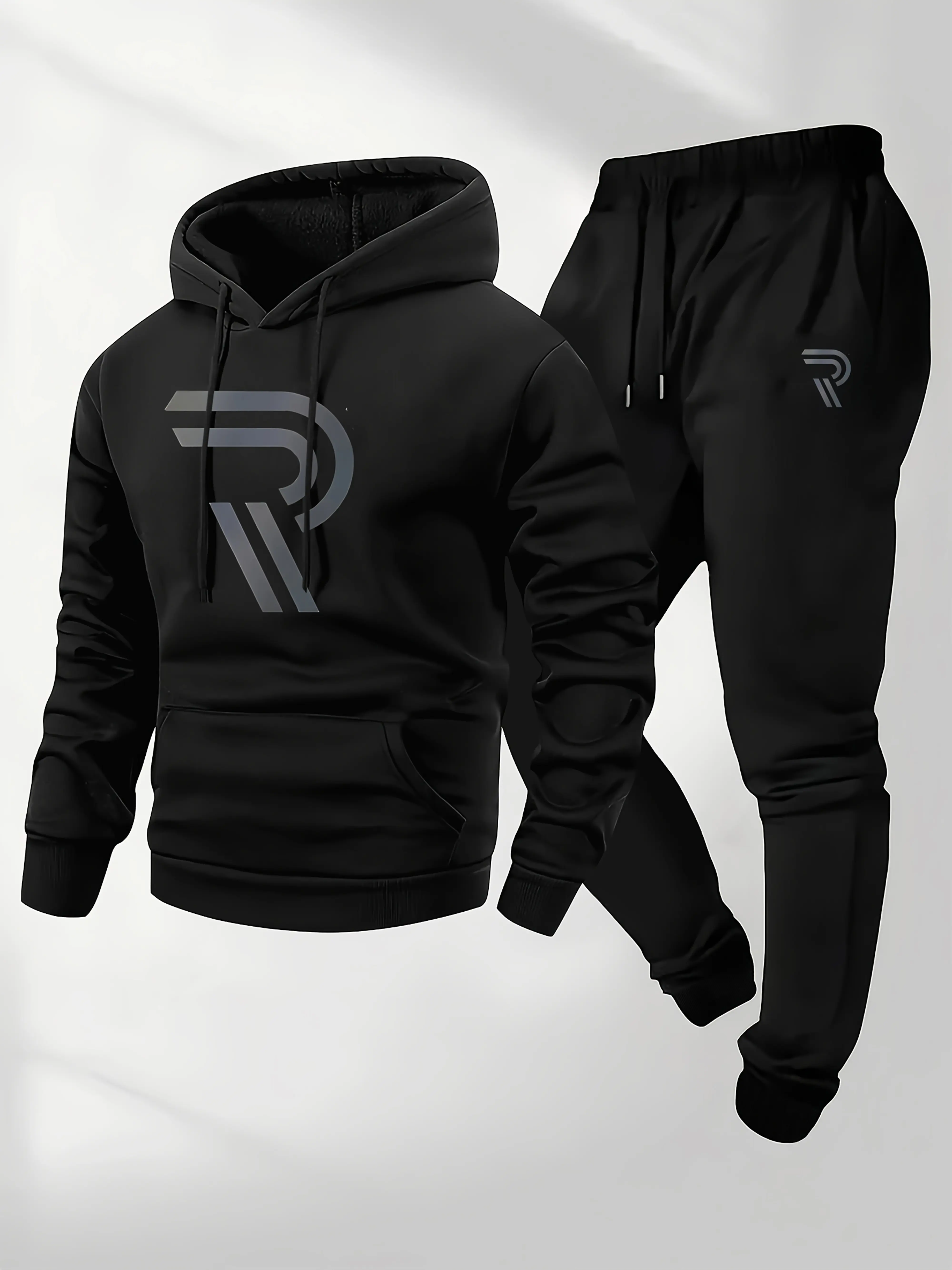 Men's sports two-piece hooded sweatshirt and pants set - gray with black logo, non stretch fabric, regular style, pocket, suitable for autumn and winter, casual wear | hooded sweatshirt | pocket pants,  hooded sweatshirt