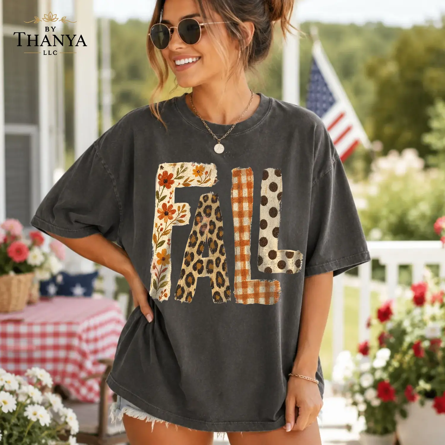 Vintage Fall Comfort Colors T-Shirt, Autumn Graphic Tee, Floral Le0pard Plaid Polka Dot Letter Print Shirt, Pumpkin Patch Fall Outfit Gift For Women - By Thanya LLC
