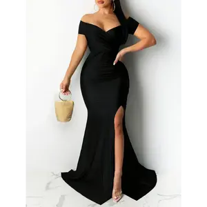 Royal Blue Off-Shoulder Ruched Bodycon Dress - Deep V-Neck, High Slit,Mid-Length- Perfect for Parties, Fabric Womenswear Black Formal Shortsleeve Polyester Workwear