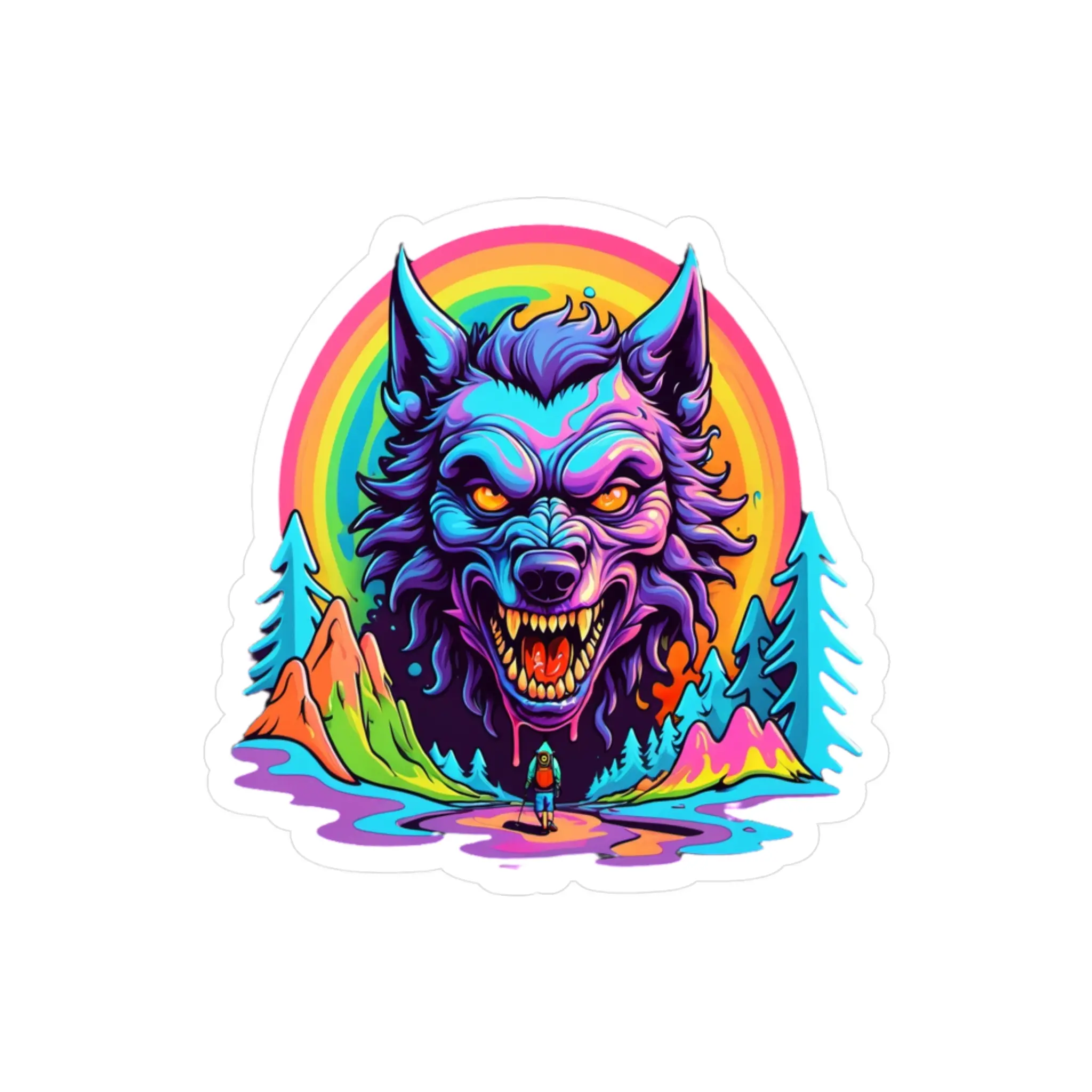 Werwolf Hiker Psychedelic Vinyl Sticker - Outdoor Adventure Decal, Nature Lover Gift, Camping Laptop Decoration, Wanderlust Car Window