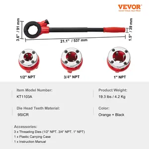 VEVOR Ratchet Pipe Threader Kit, 1/2 NPT, 3/4 NPT, 1 NPT Manual Ratcheting Pipe Threader, Portable Pipe Threading Tool Set with 3PCS NPT Dies, Storage Case for Galvanized Aluminum Iron Copper Pipes