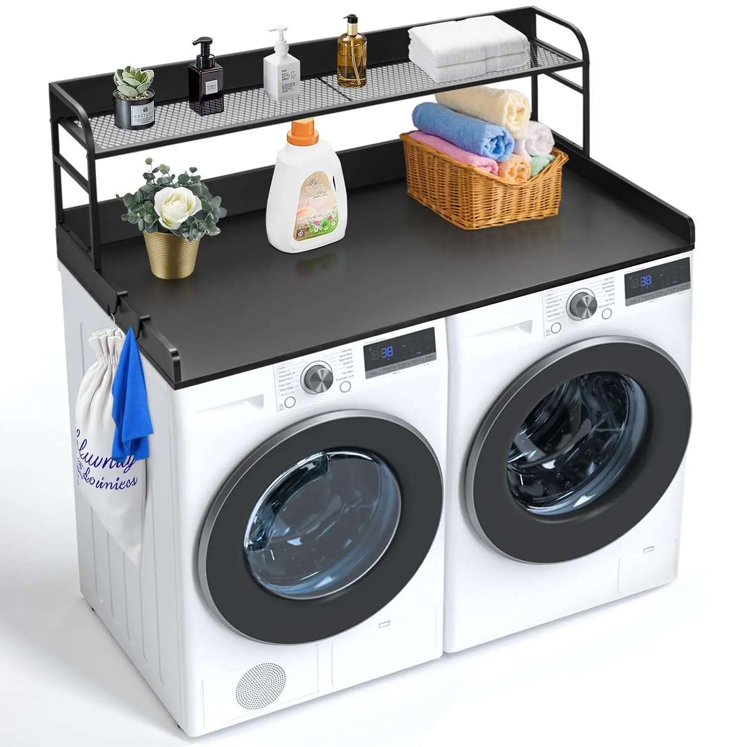 【Summerfinds】VEVOR Smooth Oak Wooden Washer Dryer Countertop, 54"x27" with 2-Tier Shelf, Anti-Slip Pads, Water-Resistant Washing Machine Cover, Modern Laundry Room Organizer & Home Decor (Black)
