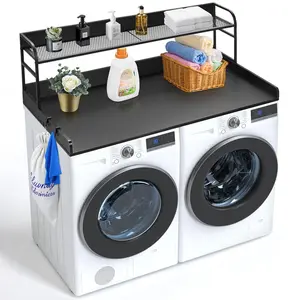 【fathersdaygift】VEVOR Washer Dryer Countertop with 2-Tier Shelf 54" x 27" Wooden Washer and Dryer Countertop with Anti-Slip PadsWater-Resistant Laundry Topper Cover for Laundry Room Organization and StorageBlack