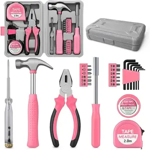 24-piece household tool set — multifunctional pink manual tools with storage box, including a hammer, Allen keys, electrical tape, screwdriver, test pen, pliers, and bits; an ideal Christmas and New Year gift for women