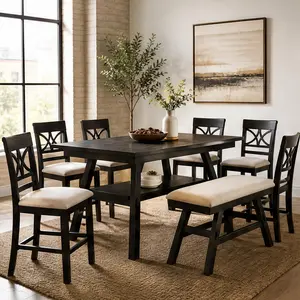 ARCH 6-Piece Counter Height Dining Table Set with Storage Shelf, Kitchen Table Set with Bench and 4 Upholstered Chairs, Solid Rubberwood, Farmhouse Rustic Style, Espresso Finish, Seats 6, 60 Inch Rectangular Table, Dining Room Furniture Set
