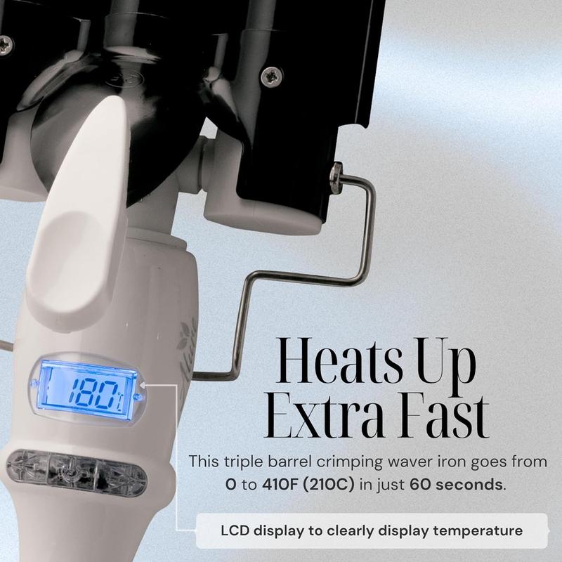 Three Barrel Curling Iron Wand with LCD Temperature Display - 1 Inch Ceramic Tourmaline Triple Barrels, Dual Voltage Crimping Tool, Best Hair Waver for Beachy/Frizz Free Waves (Rose Gold)