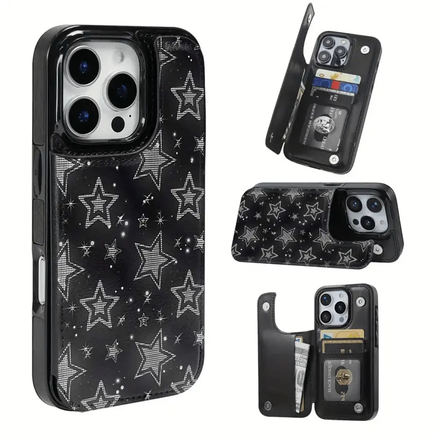 Phone Case - Black And White Star Pattern Textured Card Holder Phone Case Compatible with Iphone 17 Pro Max/Air/16/15/14/13/12/11 Series Samsung S22/S23/S24/25 Series Perfect Gift Choice