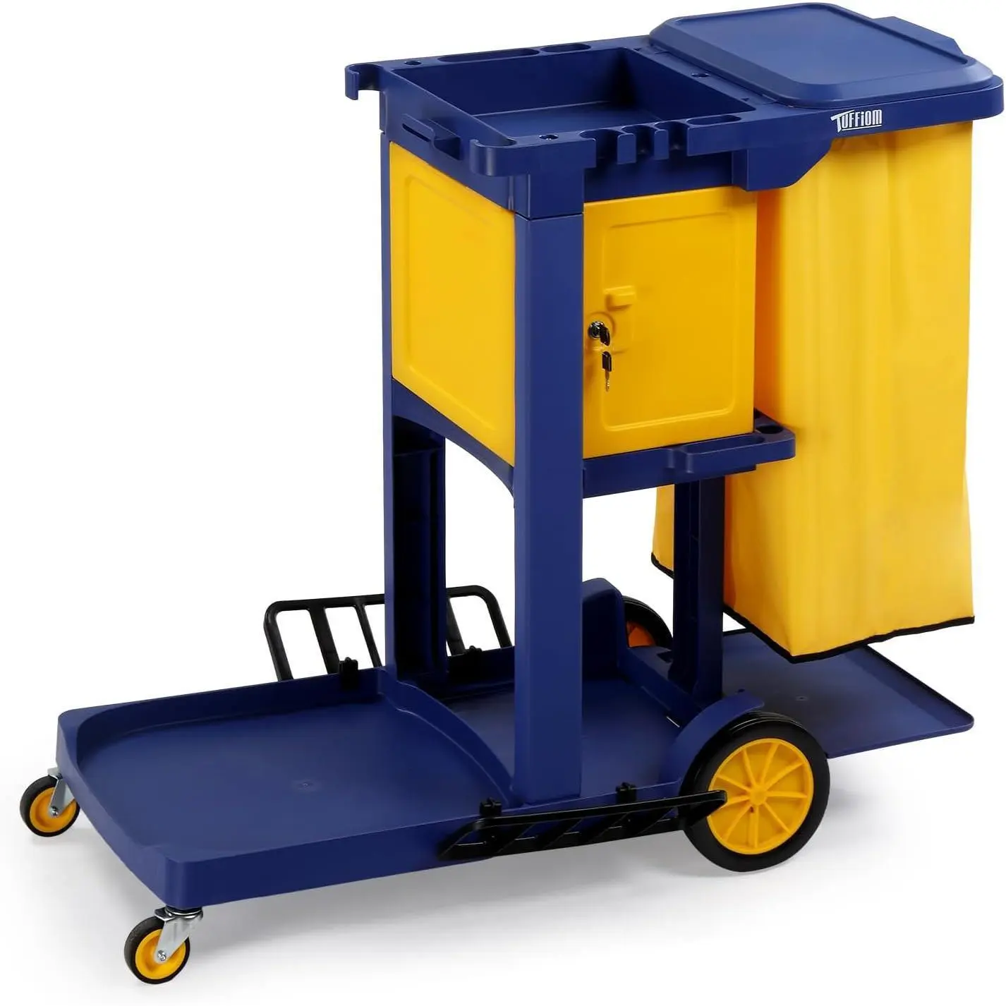 Karlhome Multifunctional Janitorial Cart with Key-Locking Cabinet,Cleaning Carts on Wheels,with 15 Gallon Collection Bag,500 lbs Capacity, Yellow&Blue
