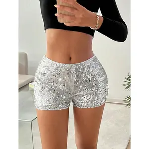 Women's Silver Sequin Shorts High Waist Shiny Glitter Bodycon Mini Shorts for Festival Party