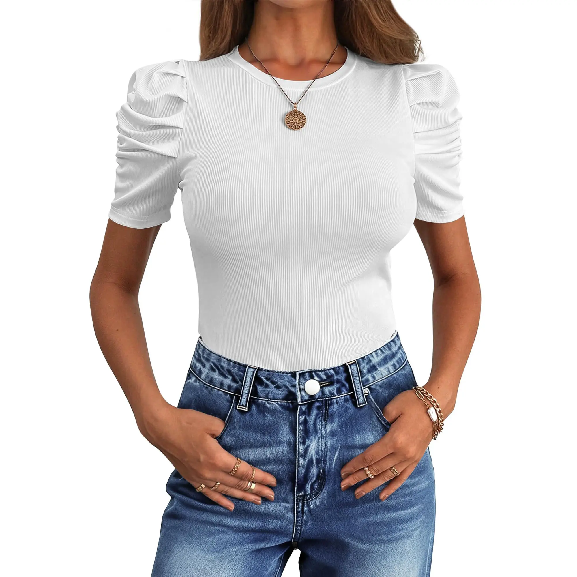 ANRABESS Women Puff Short Sleeve Crewneck Dressy Casual Tops Summer Spring Clothes Fitted Ribbed Knit Trendy Work Shirts 2026