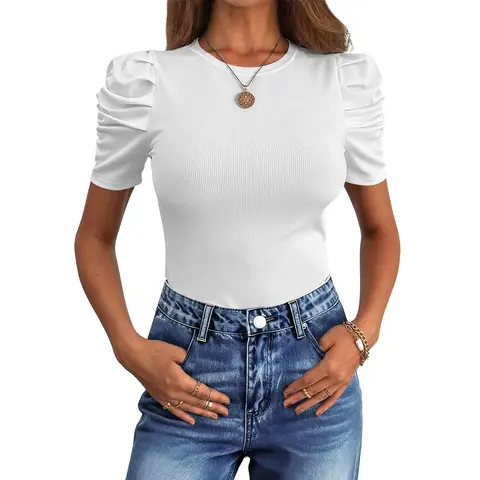 ANRABESS Women Puff Short Sleeve Crewneck Dressy Casual Tops Summer Spring Clothes Fitted Ribbed Knit Trendy Work Shirts 2026