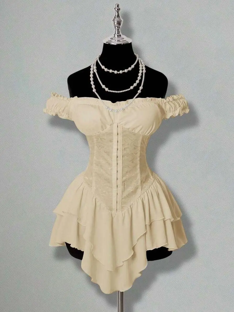 Women's Summer Goth Club Jacquard Waist Tie Ruffle Trim Off Shoulder Layered Hem A-Line Chiffon Mini Dress,Elegant