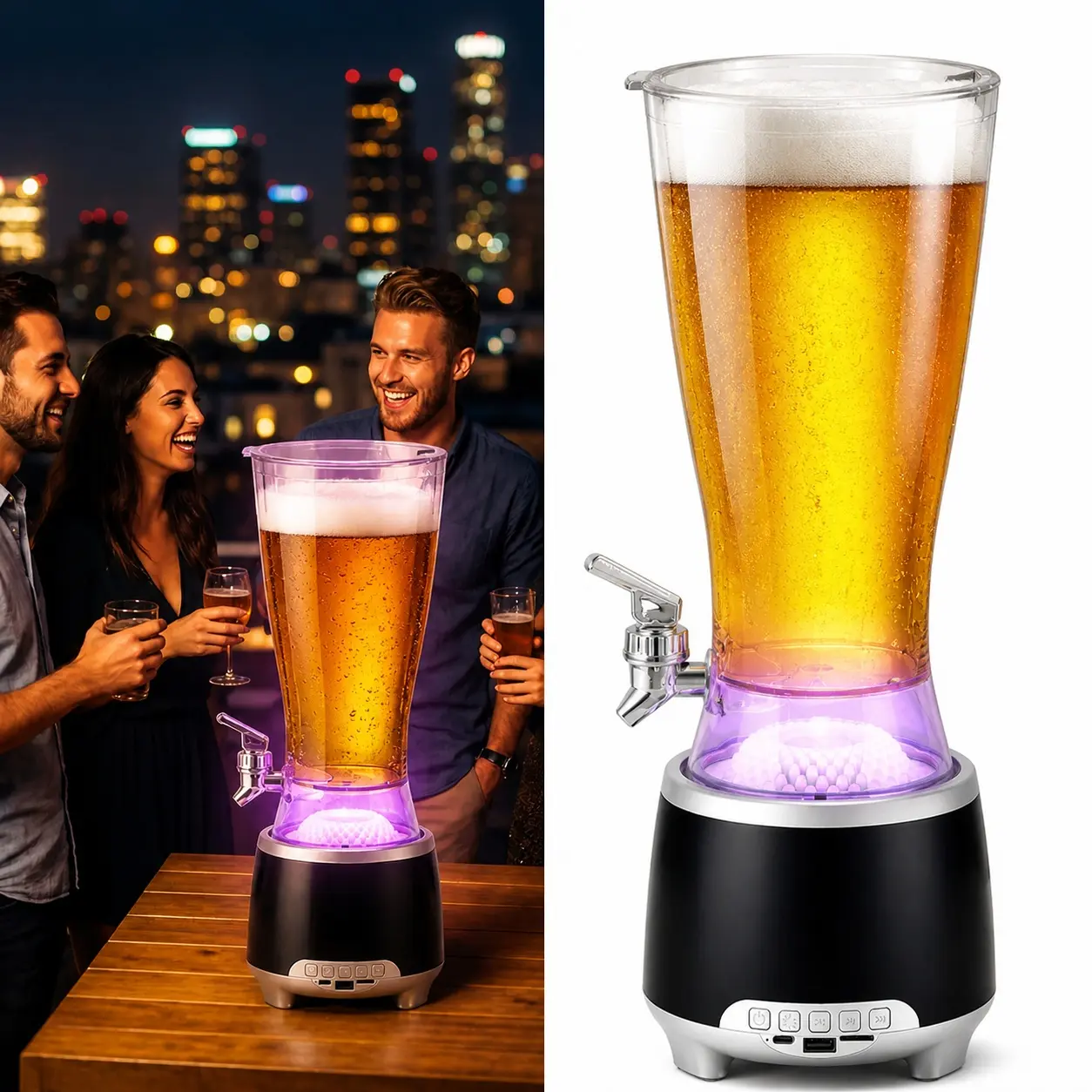 2.5L Beverage Dispenser with Bluetooth Speaker-Lighting Base, Portable Water Dispenser for Cocktails & Lemonade, USB Port/3.5mm AUX Audio Input, Camping-Friendly, Includes Charging Cable & Batteries for Home, Banquets