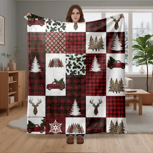 1pc Christmas Plaid Deer Head Truck Print Flannel Fleece Blanket, Super Soft Warm Cozy Throw for Bed Sofa Living Room Bedroom Office, Holiday Home Decor Gift Idea for Adults, Flannel Blankets