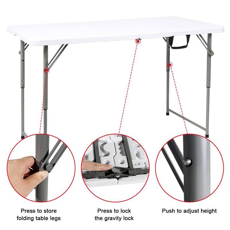 Wisdomfixtures 4FT Adjustable Height Heavy Duty Plastic Fold-in-Half Portable Folding Table with Carrying Handle for Camping and Party Use