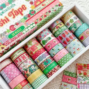 Coquette Bow & Strawberry Washi Tape Box Set with 10 Sample Cards (35/42 Rolls) - Kawaii Aesthetic Masking Tape Haul for Junk Journal #Summervibes