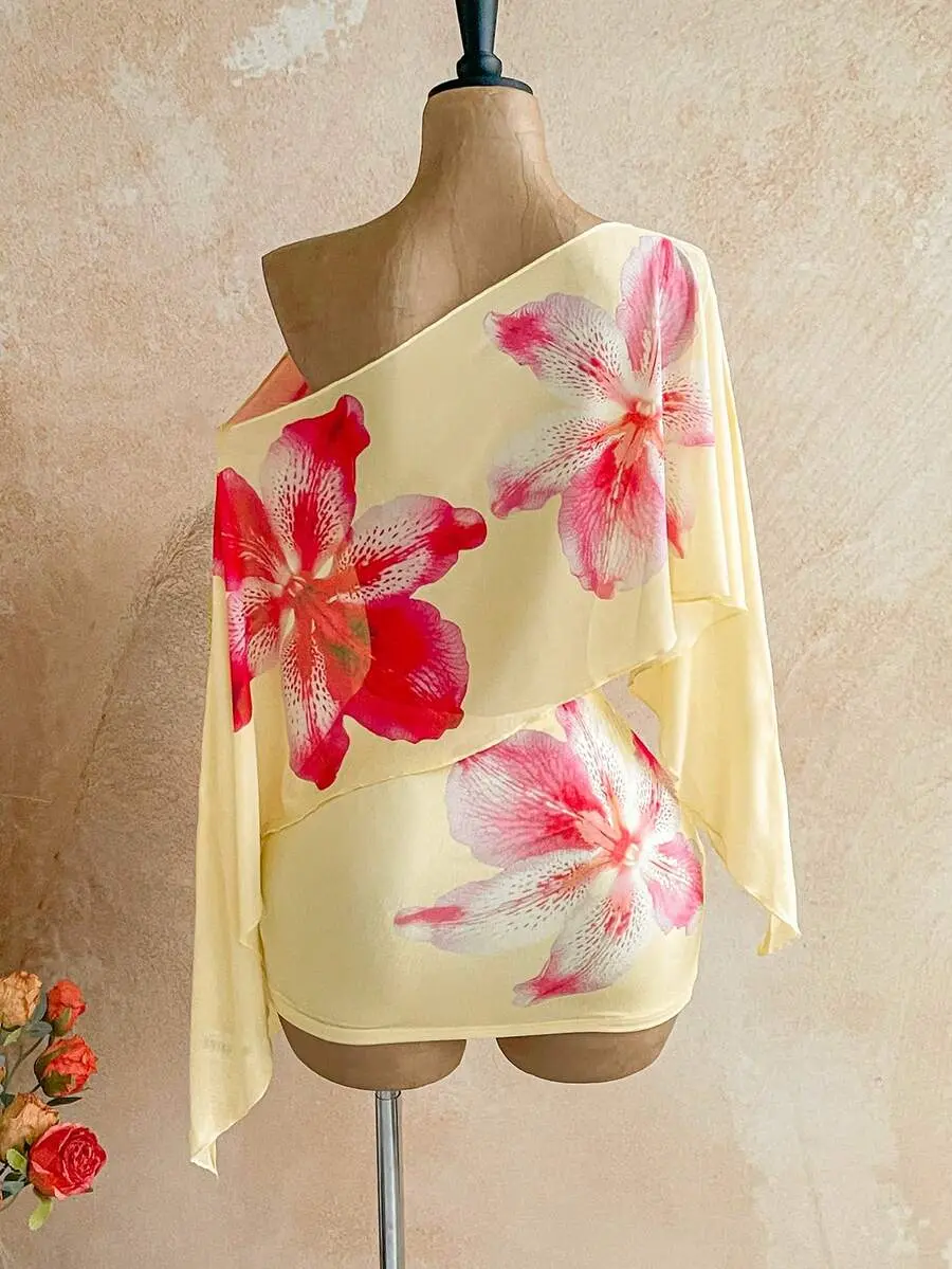 Women's Pink Floral Summer Boho Holiday Vacation Gold Sequin Sheer Asymmetric Shoulder Loose Top & Ruched Waist Skirt Set,Festival Beach Outfits