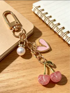 Women's Elegant Cherry Design Heart Keychain, Cute Shiny Cherry Keychain, Keyring, Fashionable Pendant Bag Charm, Casual Style, No Choking Hazard