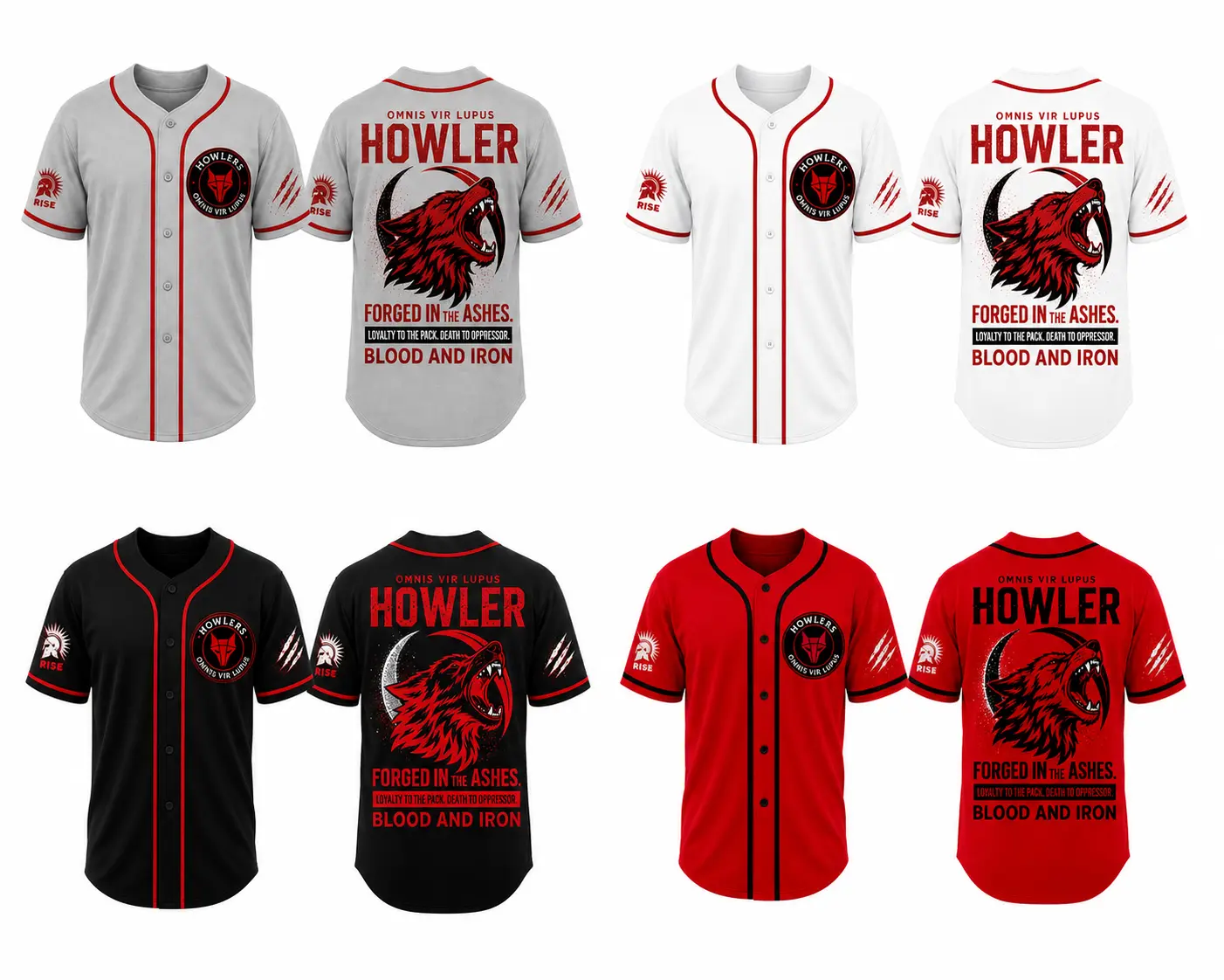 Pierce Brown Red Rising Howlers Faction Quick Dry Fitted Cut Sporty Chic Short Sleeve Baseball Jersey - Graphic Print, 'Omnis Vir Lupus' & 'Blood and Iron' Quotes, Button-Down, All-Over Sublimation, Poly-Spandex Casual Wear for BookTok Fans