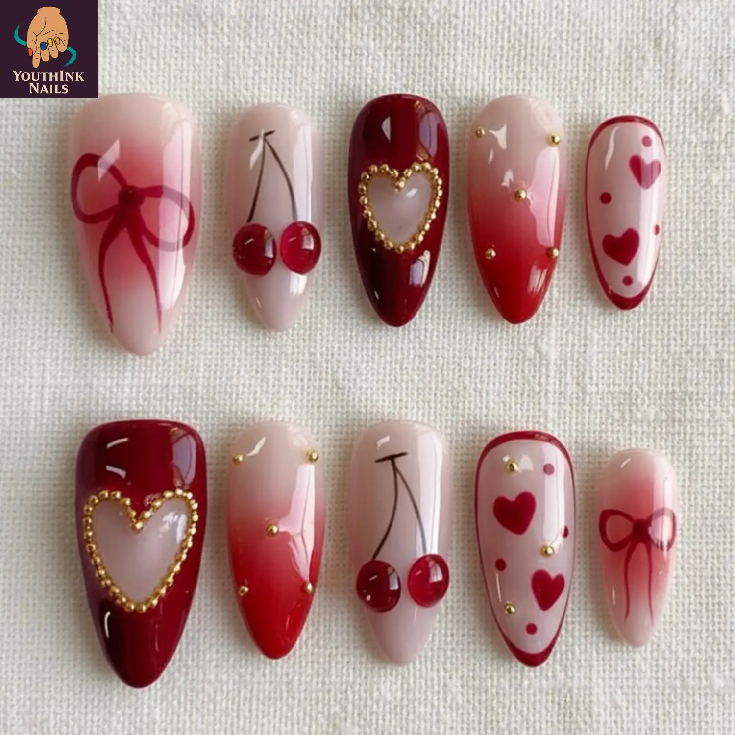 Red Heart Cherry Valentine Press On Nails, Handmade 3D Gel Nail Art with Gold Beads Bow Details, Glossy Reusable Nails, Romantic Cute Elegant Design, Custom Size Gift Idea