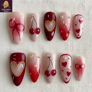 Red Heart Cherry Valentine Press On Nails, Handmade 3D Gel Nail Art with Gold Beads Bow Details, Glossy Reusable Nails, Romantic Cute Elegant Design, Custom Size Gift Idea