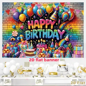 Graffiti Brick Wall Happy Birthday Background Banner, Colorful Balloon Cake Gift Box Theme, Polyester Material, Suitable for Photo Booth, Party, Birthday, Celebration, Indoor and Outdoor Family Birthday Party Decoration, Home Decoration, Room Decoration
