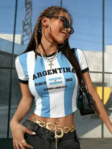 JADEE Women's Argentina Slogan Print High Waist T-Shirt - Blue White Stripe Summer Streetwear Jersey Top