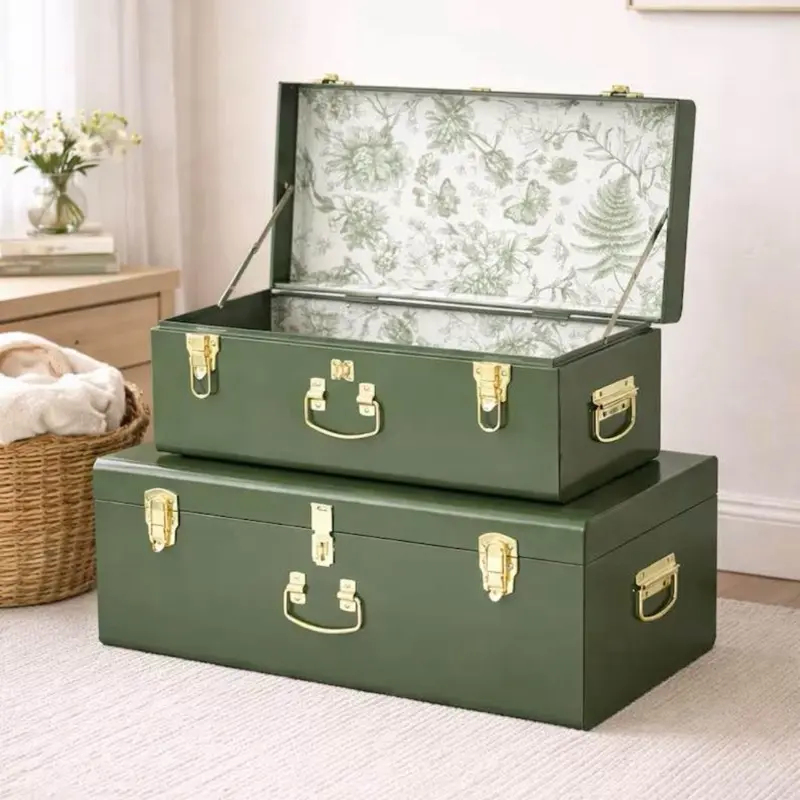 Metal Keepsake Trunk Box Baby Shower Wedding Bride Large Medium Storage Container Organizer Organization Home Decor Nursery Kids Children Lined Gold Detailing