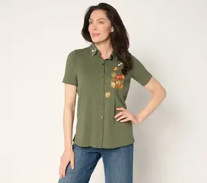 Quacker Factory All a Buzz Knit Elbow Sleeve Button Front Shirt