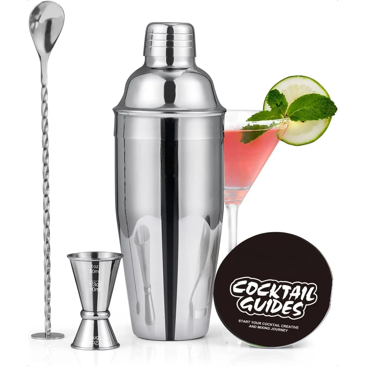 Cocktail Shaker, 24oz Drink Shaker with Bartender Strainer, Measuring Jigger, Bar Mixing Spoon, Cocktail Recipe Guide, Professional Drink Mixer Set for Beginners,