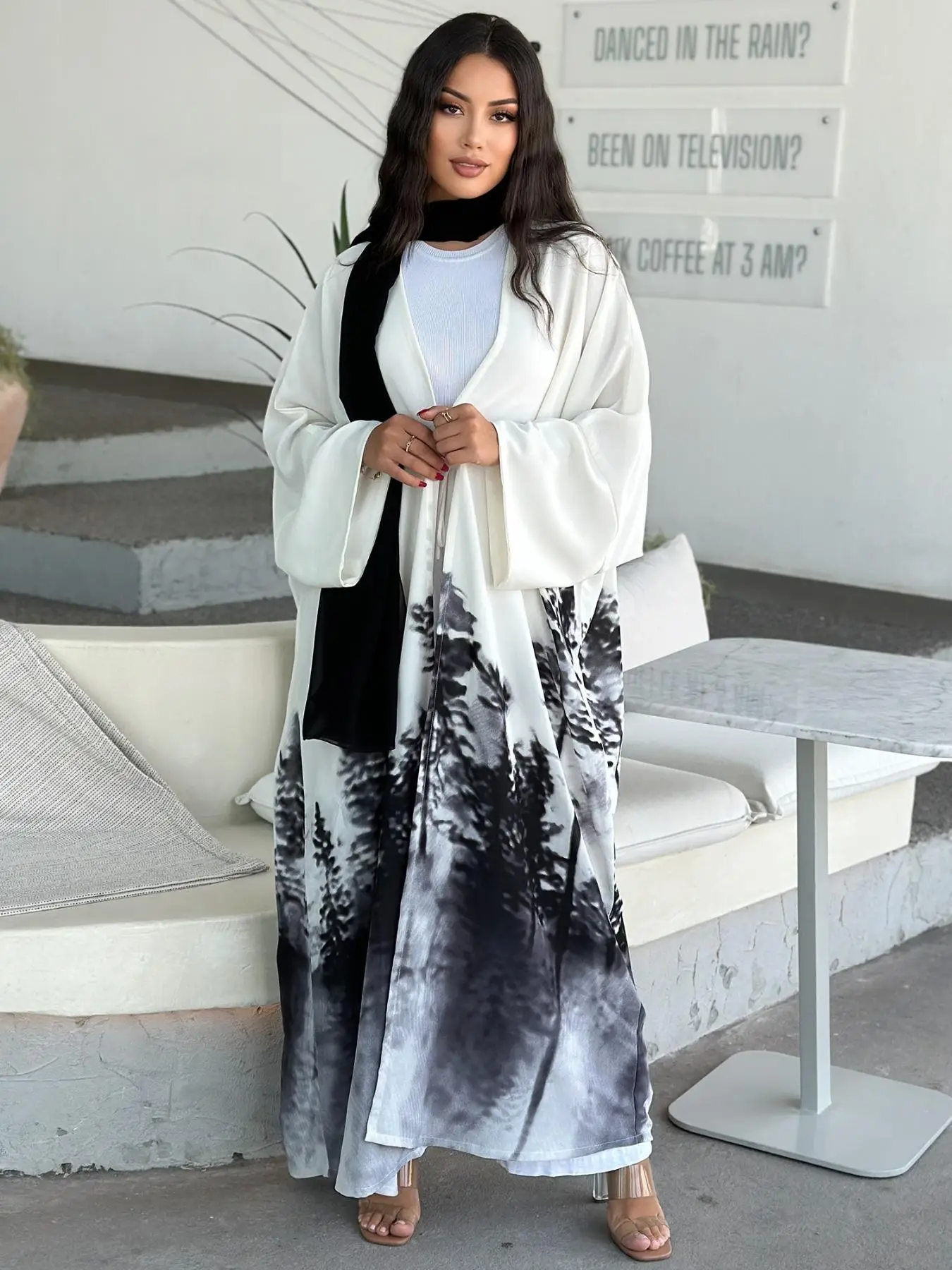 Women's Plants Print Batwing Sleeve Open Front Abaya, Casual Long Sleeve Long Abaya for Daily Wear, Women's Islamic Clothing for All Seasons