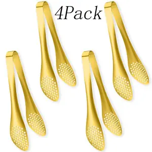 4 Pack 9.45 Inch Golden Serving Tongs,Stainless Steel Utensils for Salad, Buffet, Appetizers, Desserts and Parties—Sleek, Durable & Easy to Grip,Must-Have Food Serving Tools for Hosting and Daily Use