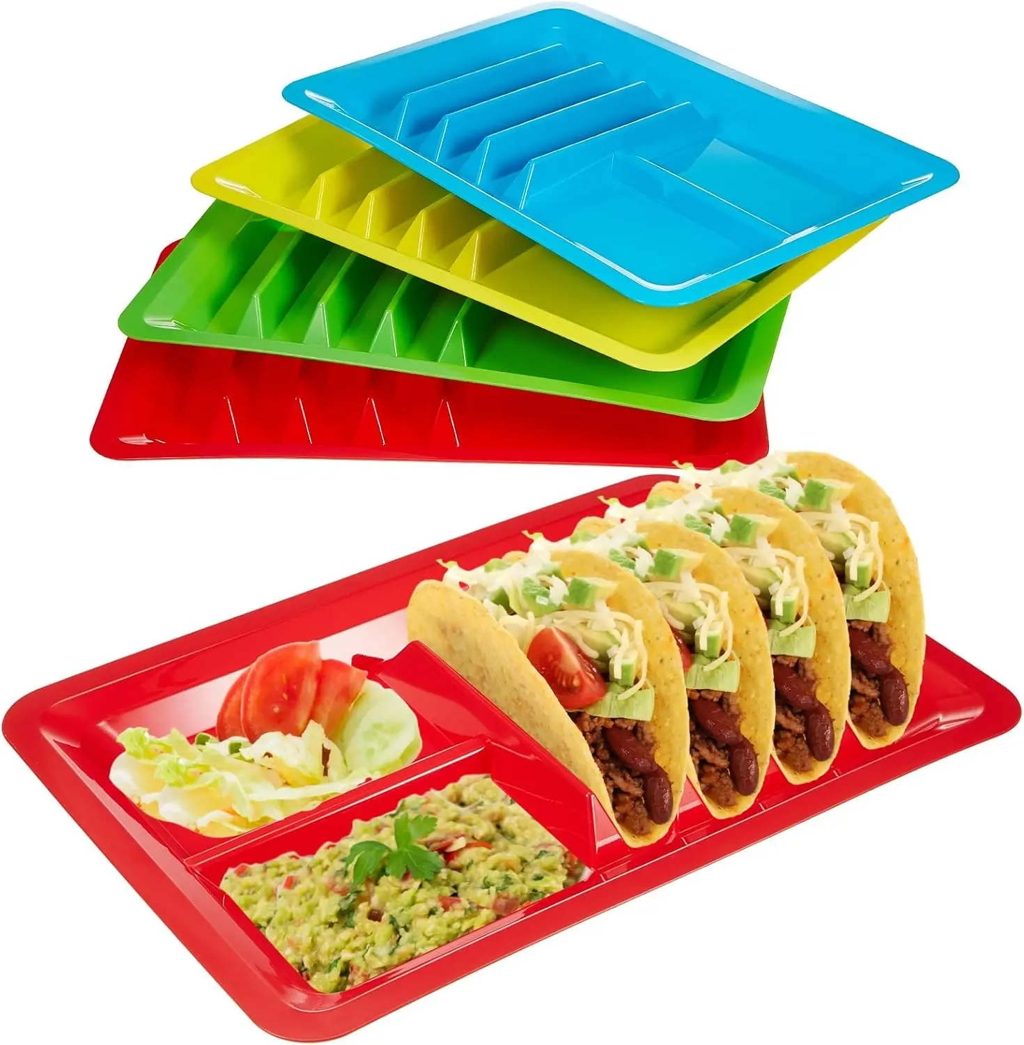 4 Pcs Mexican Party Favor Plastic Taco Plates for Birthday Party with Stand up Divider for 3 Tacos and 2 Dipping Areas Trays for Cinco De Mayo Fiesta Microwave Dishwasher Safe
