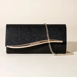 Glitter Envelope Evening Clutch Bag, Shiny Rhinestone Curved Gold Bar Accent Purse, Elegant Chain Crossbody Handbag for Wedding Bridal Prom Gala Black Tie Party