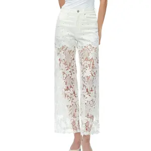 High Rise Lace Wide Leg Jean - White
