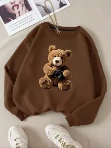 Women's Drop Shoulder Sweatshirt, Camera Bear Print, Comfortable Long Sleeve Round Neck Pullover, Fall Winter Fashion Casual Outerwear