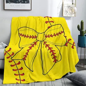 Baseball Bow Print Blanket, Soft Comfortable Flannel Material, Plush Fleece, Ideal for Air Conditioning, Sofa, Camping, Travel