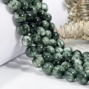 Natural Green Seraphinite Gemstone Smooth Round Loose Beads For DIY Jewelry Making Desig Handmade Crafts Bracelet, Necklace, Earrings AAA Quality 15.5 Inches Long, Semi Precious Stone, Spacer beads