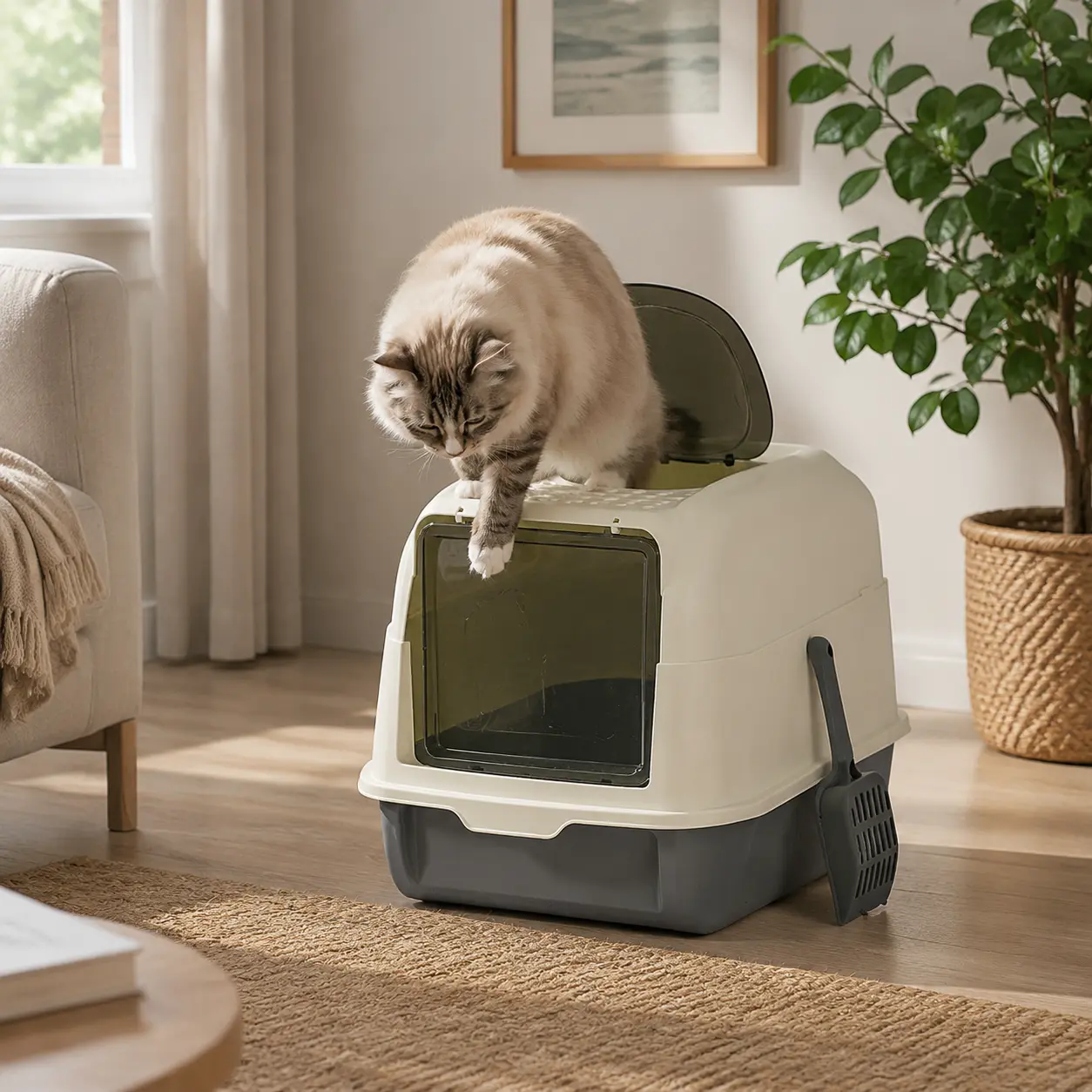 Extra-large fully enclosed cat litter box with double doors, odor control, splash guard, openable and foldable design, dual-purpose litter container, includes waste scoop and deodorizing filter, front entry and top exit door anti-urine leakage resistant